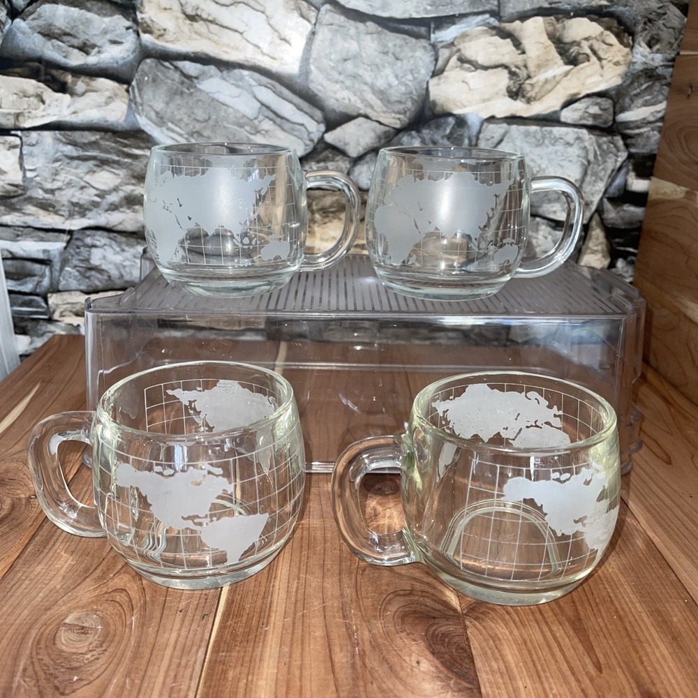 Vintage 70s Nestle Coffee Mugs Etched Frosted Glass World Map Set Of 4 Japan